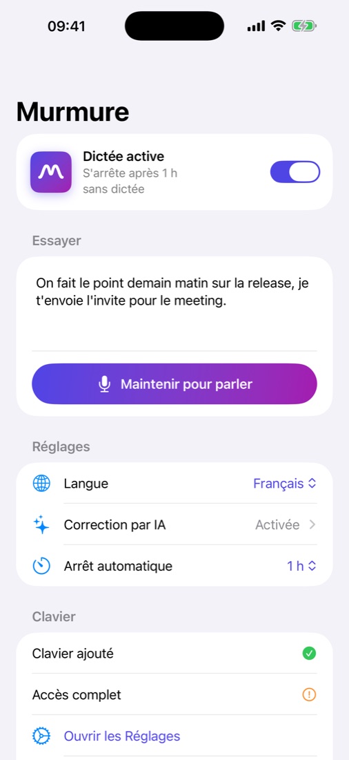 Écran principal de Murmure : dictée active et zone d'essai